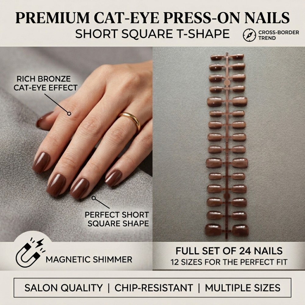 Nail Art Extension Cat Eye - 24枚入り ショートスクエアプレスオンネイル リッチブロンズブラウン キャッツアイ フェイクネイル エレガントシマー