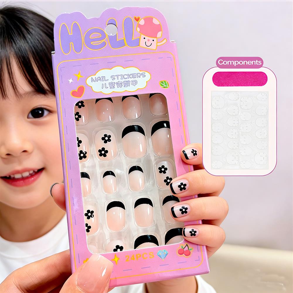 Nail Art Design - 24枚入り/箱 漫画柄 キッズ用プレスオンネイル ブラックフラワー フレンチチップ つけ爪