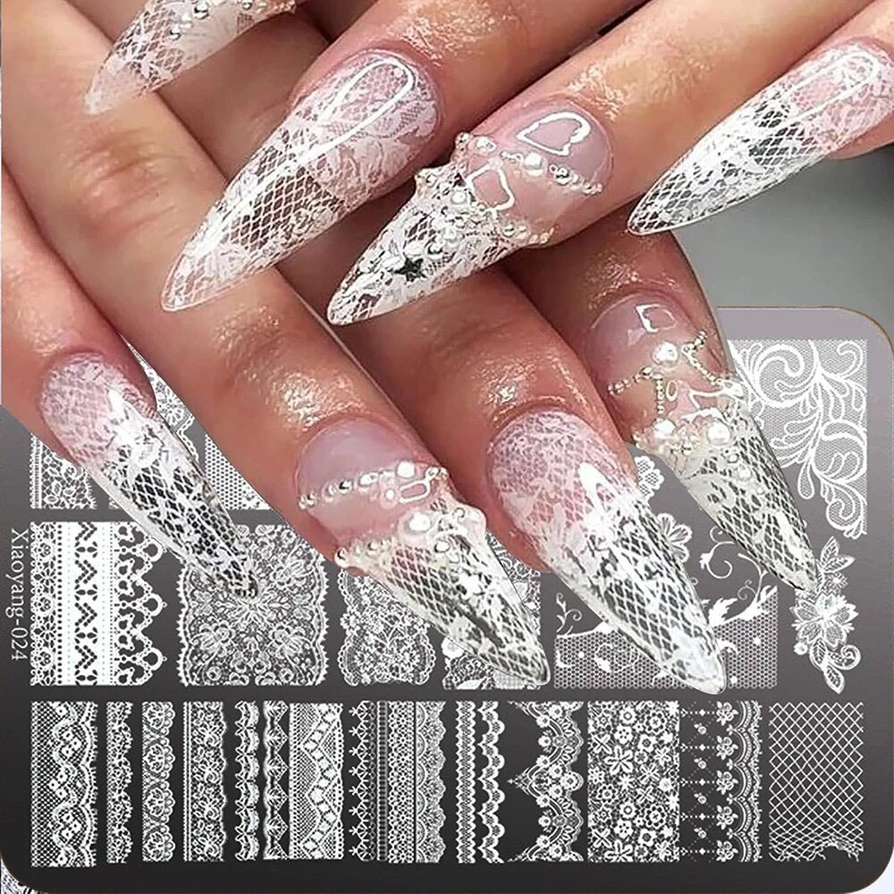 Nail Art Leopard - 14.5 * 9.5 レースメタルネイルアートスタンピングテンプレート、花と蝶のプリント入り、マニキュアDIY用ステンレススチールツール