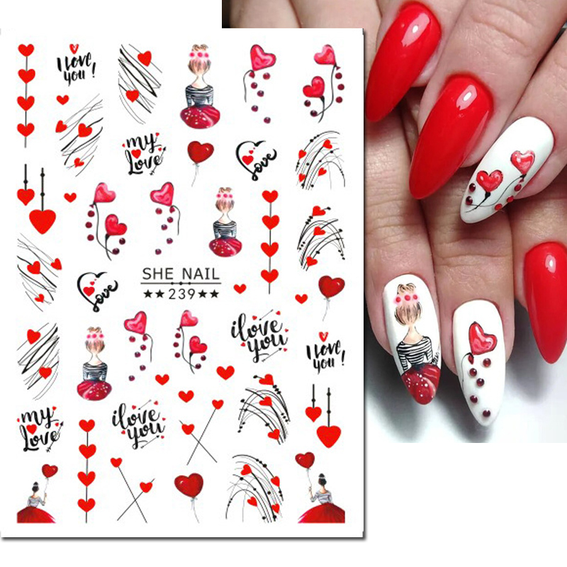 Nail Art France - 3d ネイルアートデカール幾何学ラインバレンタインデーレッドハートラブレター粘着スライダーネイルステッカー装飾マニキュア