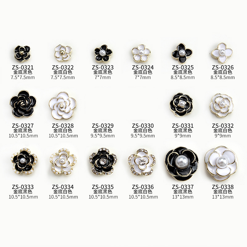 Nail Art Rose Gold - 10 個明るい白黒ダイヤモンド真珠ゴールドエッジ椿ローズ花合金ネイルアートラインストーン装飾マニキュアチャーム
