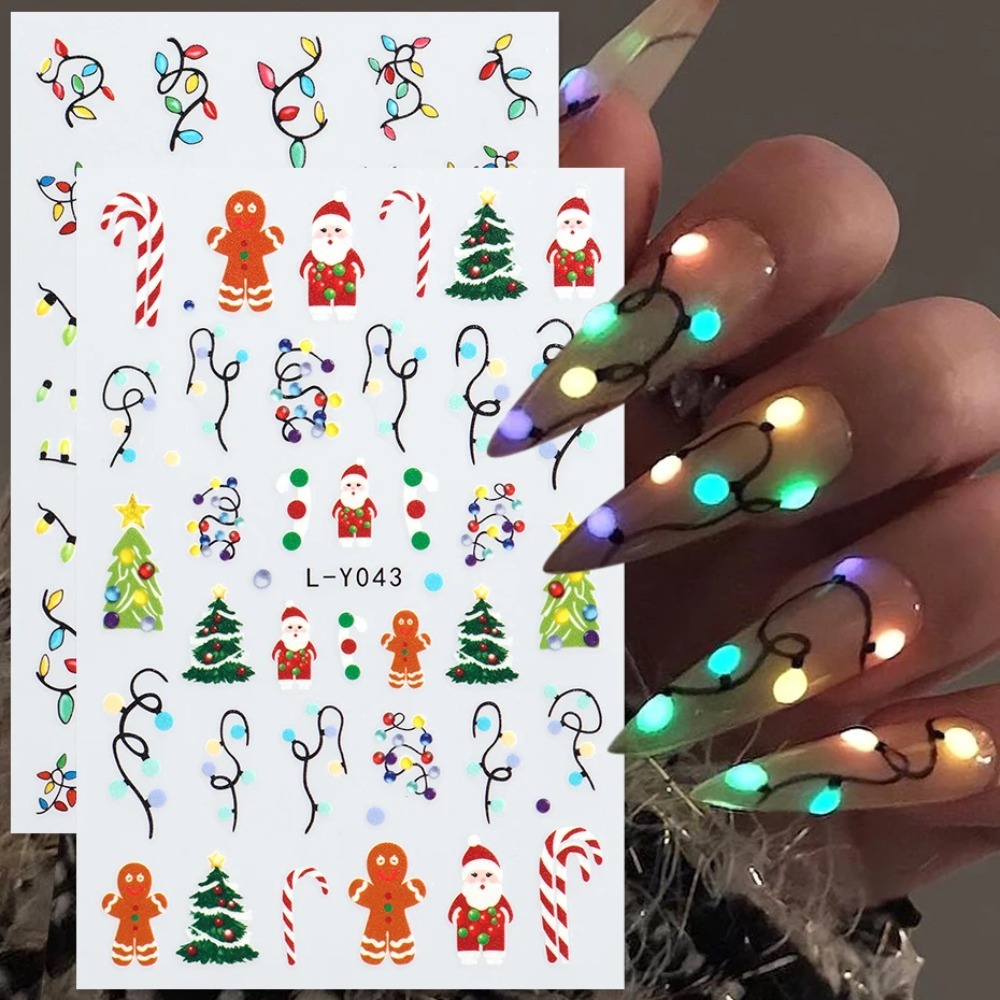 Nail Art For Men - 発光ランタン クリスマスネイルアートステッカー カラフルな電球 クリスマスツリー ジンジャーブレッドマン 雪の結晶