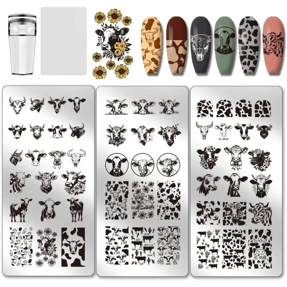 Nail Art Leopard - 3 個の牛テーマネイルスタンピングプレート 56 パターン牛の斑点ネイルアートステンシルかわいい動物マニキュアアートテンプレートヒョウの爪