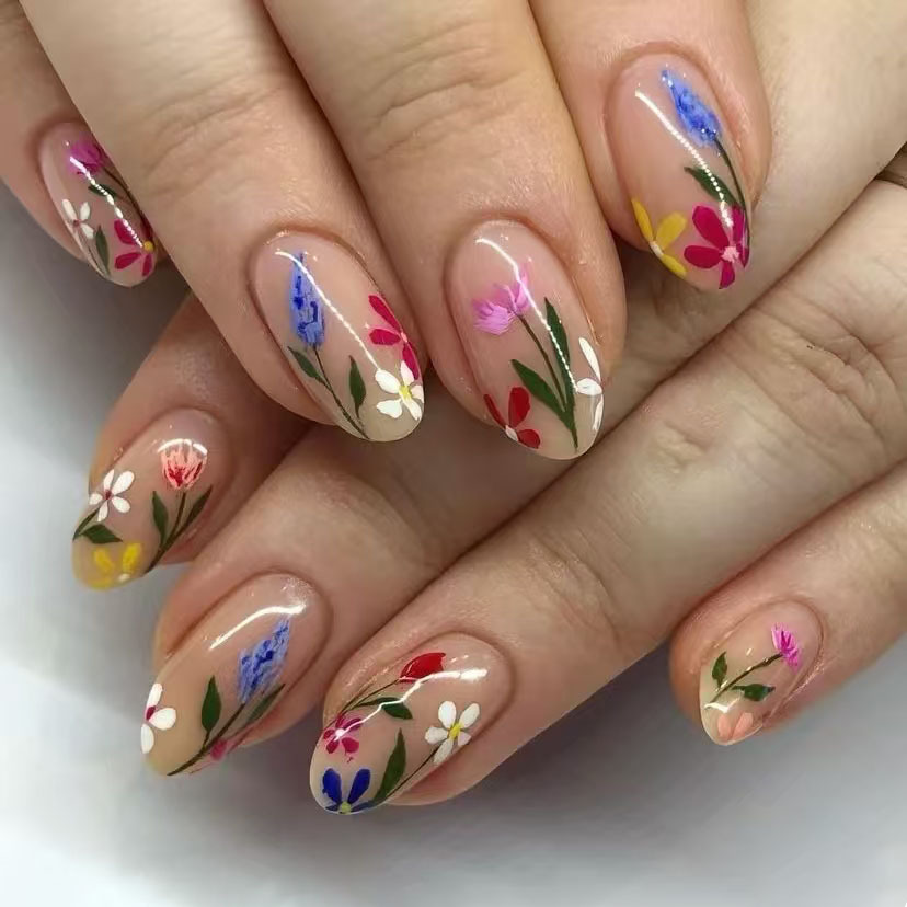 Nail Art Design - 24 個シンプルなアーモンドネイルのヒント新鮮なカラフルなフラワーデザイン付け爪ウェアラブルオーバル偽ネイルショートフルカバープレス爪