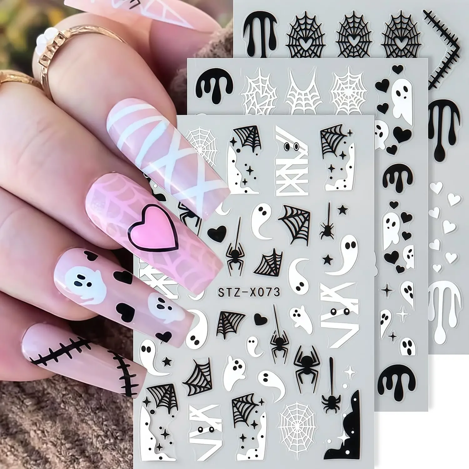 Nail Art For Men - 3D 自己粘着式ハロウィンネイルステッカー、クモ、蜘蛛の巣、血まみれのハート付き、DIY ゴーストフェスティバルパーティーネイルアート用