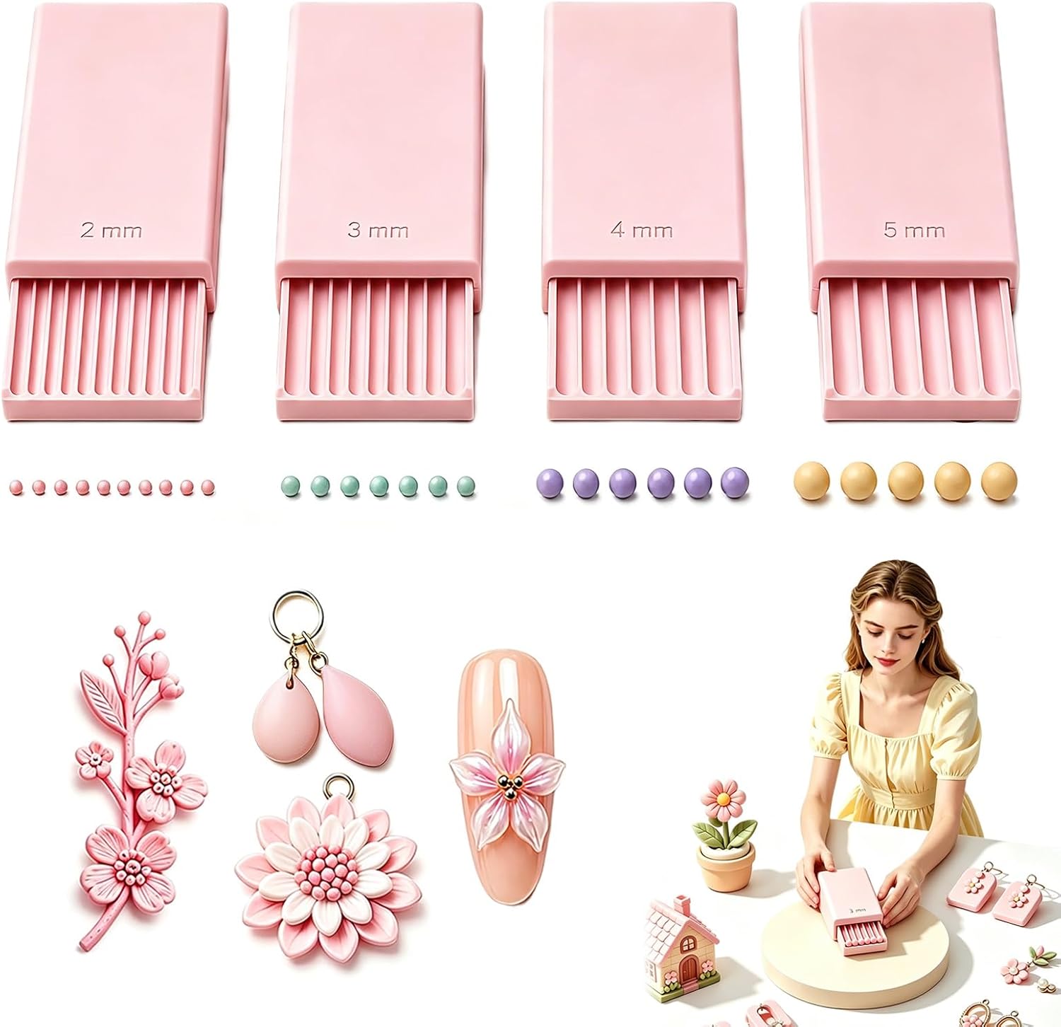 Nail Art Nail Art - 3Dプリントクレイジェルボールメーカーツール、3Dジェルフラワー用ネイルアートビーズローラー | ポリマークレイローラー 2mm 3mm 4mm