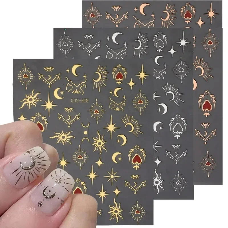 Nail Art Rose Gold - 3 シート 1 パック、3D ステッカー、ネイル、シルバー、ローズゴールド、レーザー蝶、月、太陽のりスライダー、DIY ネイルアートステッカーアクセサリー