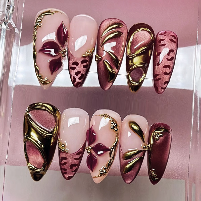 24 個のヒョウ柄フレンチアーモンドフェイクネイル、ゴールデ - Nail Art Leopard のレビューと価格