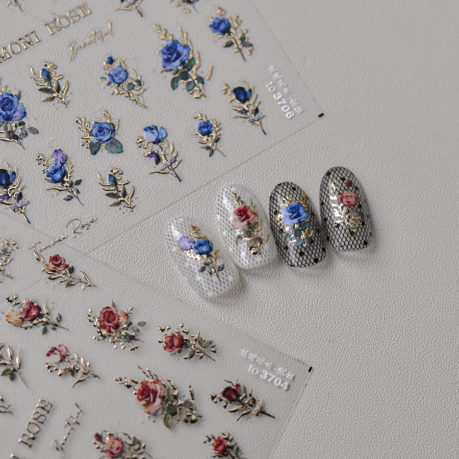 レトロ赤青ローズフラワーネイルステッカー高品質レーザーゴール - Nail Art Rose Gold のレビューと価格