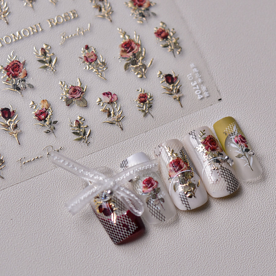 レトロ赤青ローズフラワーネイルステッカー高品質レーザーゴール - Nail Art Rose Gold のレビューと価格