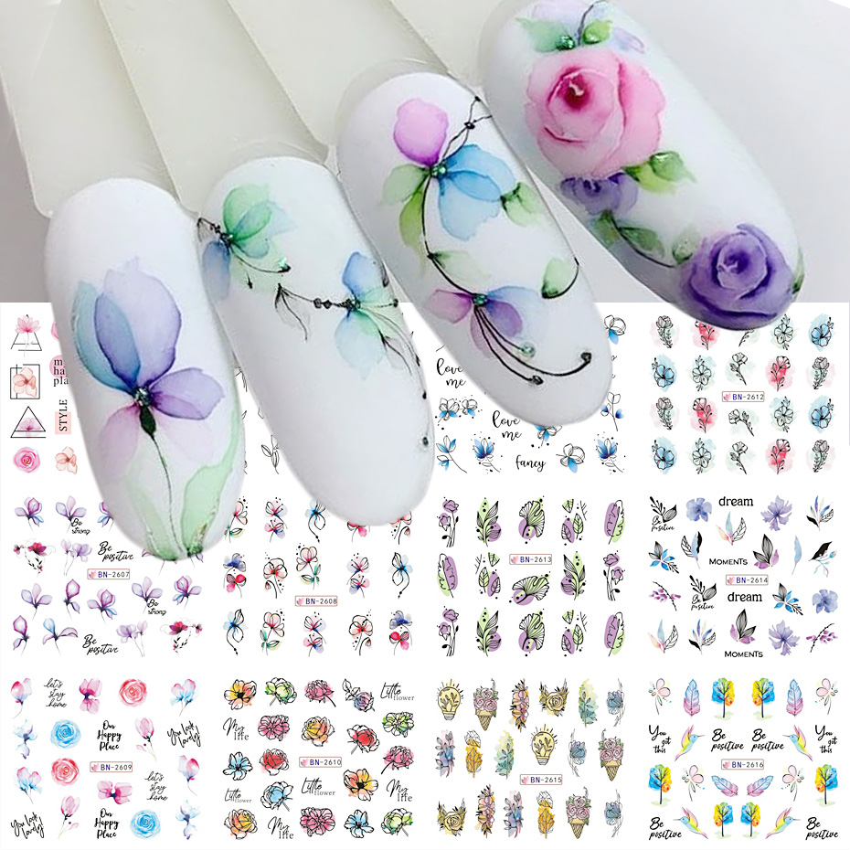 水彩花葉ネイルステッカー幾何学ライン落書き塗装カラフルなスラ - Nail Art France のレビューと価格