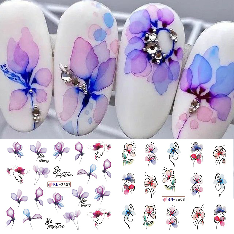 水彩花葉ネイルステッカー幾何学ライン落書き塗装カラフルなスラ - Nail Art France のレビューと価格