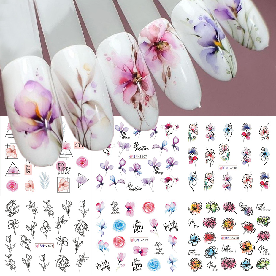 水彩花葉ネイルステッカー幾何学ライン落書き塗装カラフルなスラ - Nail Art France のレビューと価格