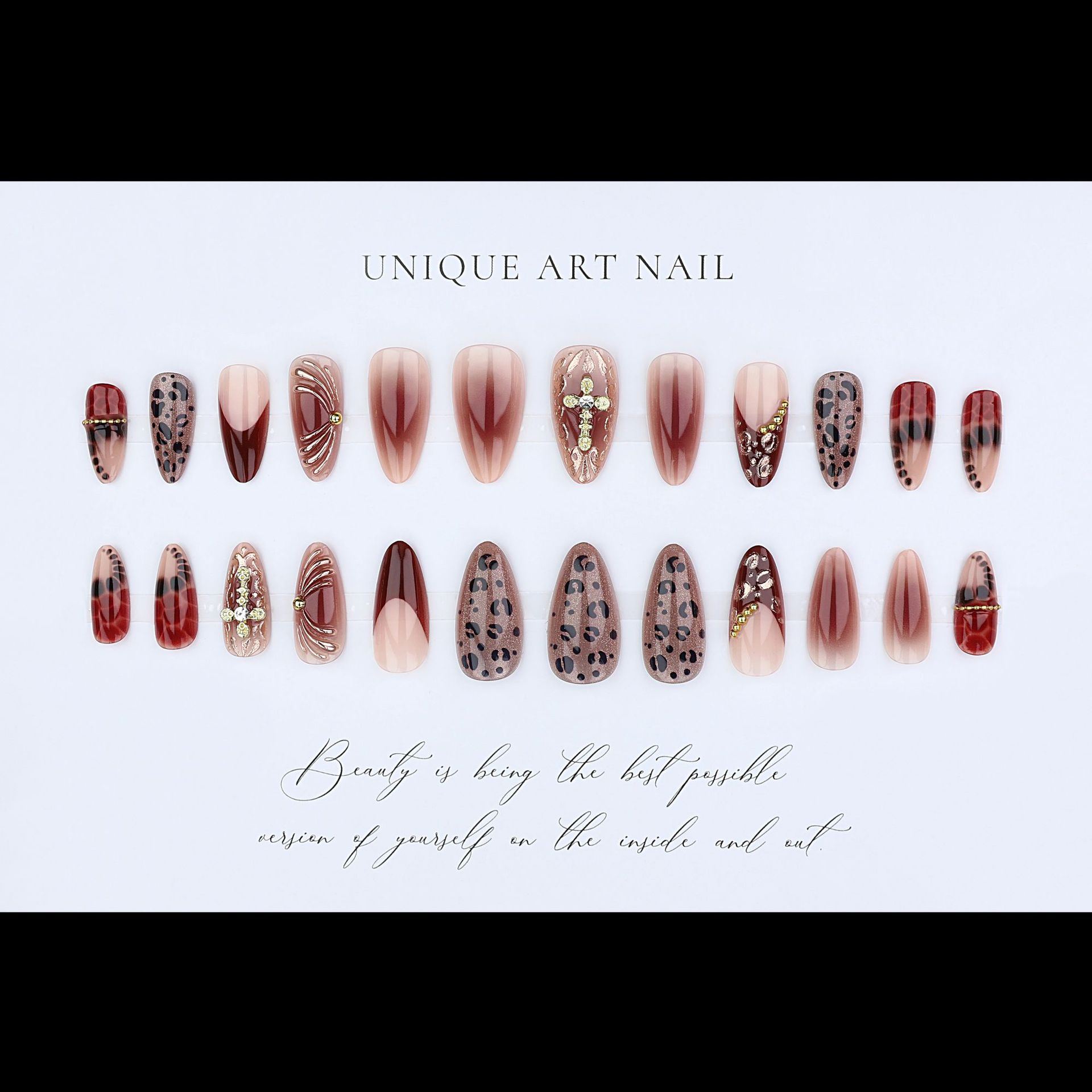 グラデーションワインレッドブラウンのフェイクネイル、クロスラ - Nail Art Leopard のレビューと価格