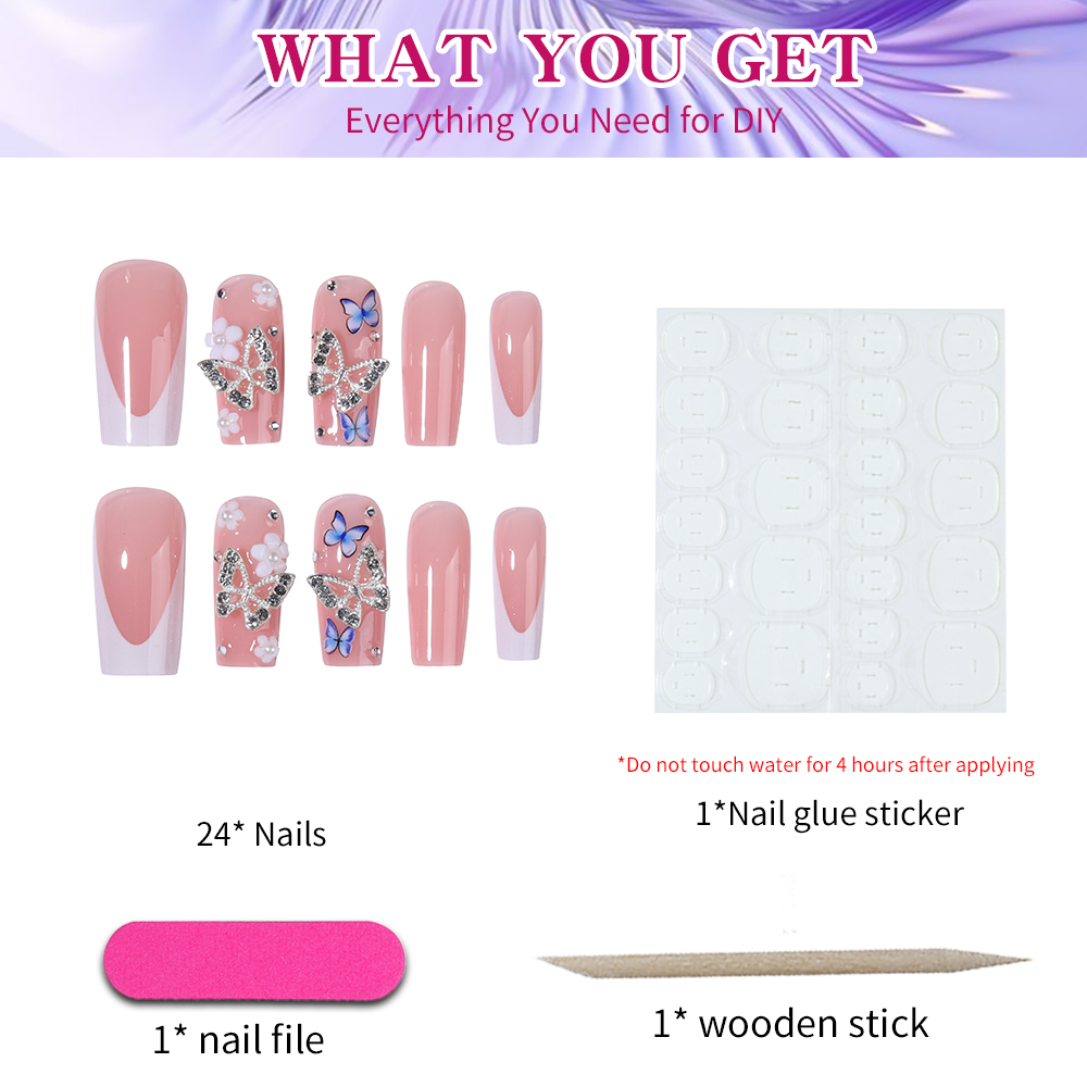 華やかに輝く、24枚入り3D合金蝶々スクエアホワイトフレンチ - Nail Art Design のレビューと価格