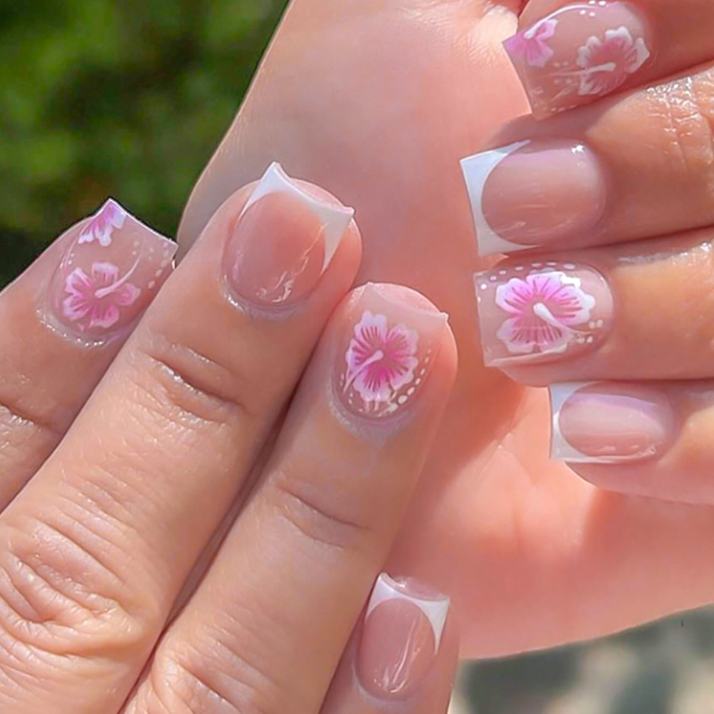 24 個フレンチフラワー付け爪ピンクハイビスカスデザインフル - Nail Art Wedding のレビューと価格