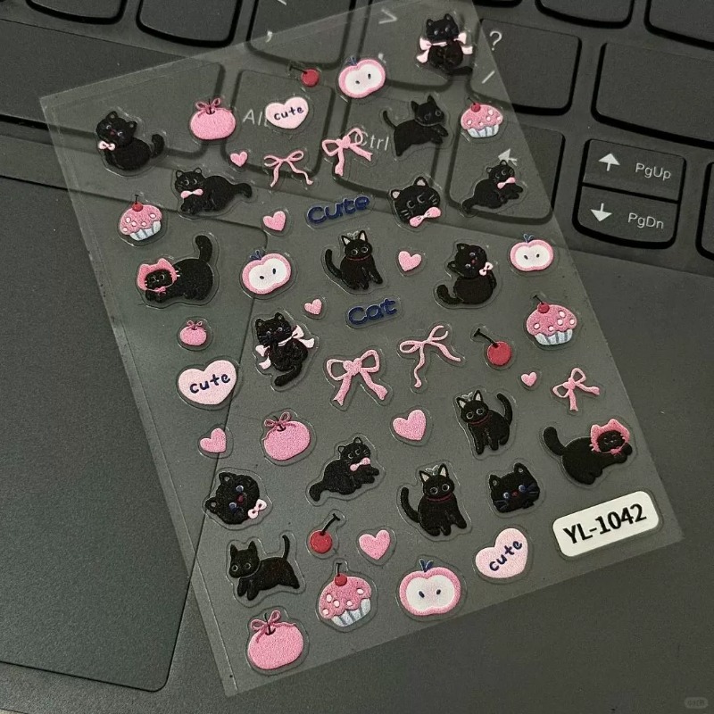 かわいい漫画風の黒猫3Dレリーフステッカー、愛らしい女の子の - Nail Art Motif のレビューと価格