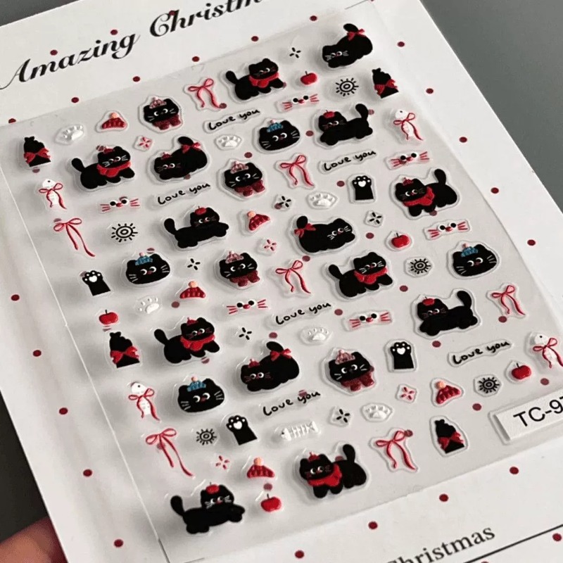 かわいい漫画風の黒猫3Dレリーフステッカー、愛らしい女の子の - Nail Art Motif のレビューと価格