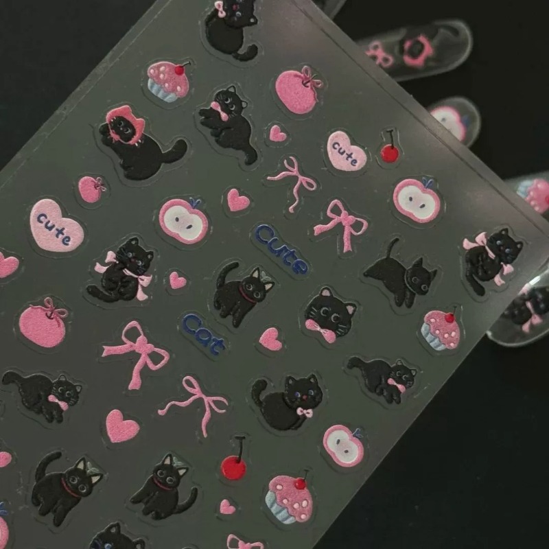 かわいい漫画風の黒猫3Dレリーフステッカー、愛らしい女の子の - Nail Art Motif のレビューと価格